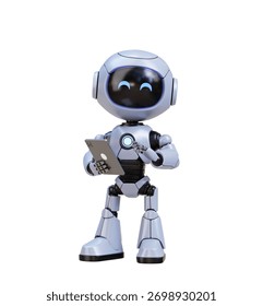 3D Cute Robot Friendly Working on a Tablet isolated on white background
