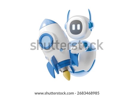 3d cute robot holding rocket icon. startup launch concept. Minimal cartoon rocketship bot mascot robo for app hero banner. isolated on white background. 3d render.