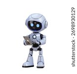 3D Cute Robot Working and Touching a Tablet isolated on white background