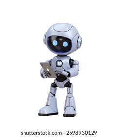 3D Cute Robot Working and Touching a Tablet isolated on white background