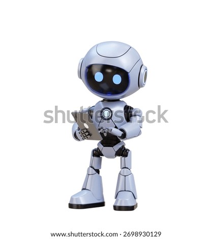 3D Cute Robot Working and Touching a Tablet isolated on white background