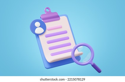 3d CV resume for job search icon. Interview document on clipboard, magnifier glass. Personal profile icon for worker HR search, human resources concept. Cartoon icon smooth. 3d render. Clipping path. - Powered by Shutterstock