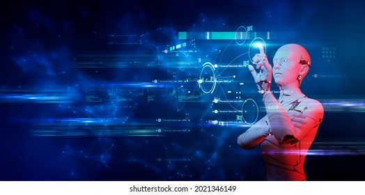 3D Cyber Digital World Android Robot Pointing Finger Computer Coding Background, Futuristic Future Digital Technology AI Artificial Intelligence Automated. Computer NFT Programming  Knowledge Concept