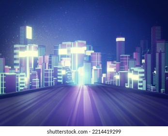 3D Dark Blue Building City With Big Screen Board Background For Technology Concept. 3D Illustration Rendering.