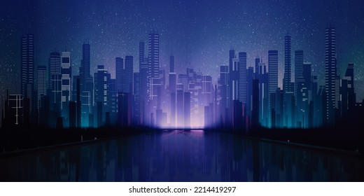 3D Dark City Of Cyberspace Metaverse Digital Landscape Of Futuristic Background Concept. 3d Illustration Rendering