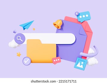 3D Database And File Management. Folder With Document. Search In Archive Or Storage. Project Plan Concept. Digital Organise. Cartoon Creative Design Icon Isolated On Purple Background. 3D Rendering