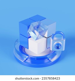 3d database icon for analysis information with safety padlock.