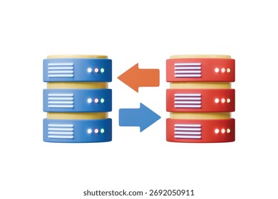 3d database migration icon. data transfer sync concept. Minimal cartoon server stack cloud db backup for devops dashboard banner. isolated on white background. 3d render.
