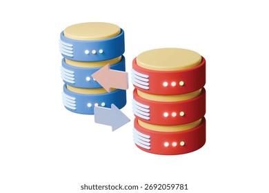 3d database migration icon. data transfer sync concept. Minimal cartoon server stack cloud db backup for devops dashboard banner. isolated on white background. 3d render.