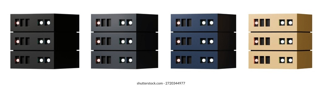 3d database server stack set icon. cloud storage concept. minimal cartoon server rack data center for web hosting. isolated on white transparent background. 3d render.