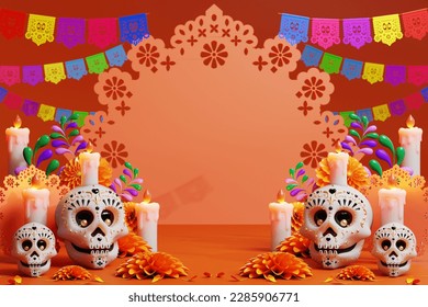 3d Día de los Muertos, concepto del altar de Dia de Muertos. Composición de bonitos cráneos de azúcar, velas blancas, flores de caléndulo de los muertos. 3.ª ilustración