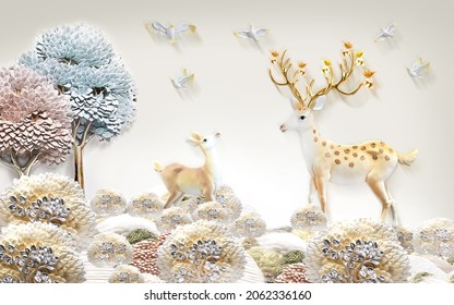 3d Deer Wallpaper And Beautiful Tree Design