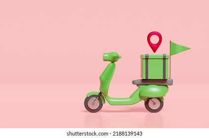 3d delivery green scooter and food box with pin, flag isolated on pink background. express food delivery service concept, 3d render illustration - Powered by Shutterstock