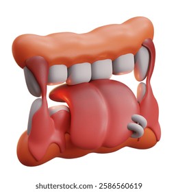 3D design of Dracula-inspired teeth with sharp fangs, a long tongue, and dripping red details. Perfect for Halloween decorations, party themes, or creepy digital art projects.