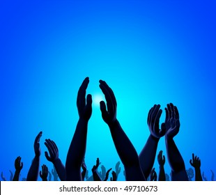3d design with raised hands of a crowd agains radiant light