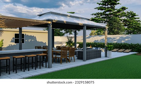 3d design and render of a backyard with BBQ, fire pit, pool and outdoor kitchen