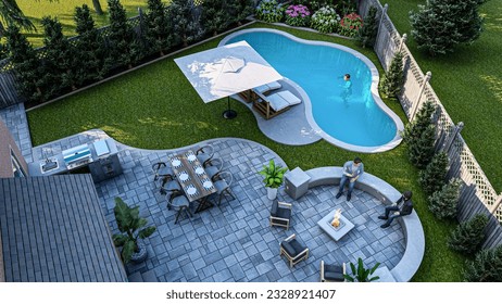 3d design and render a Backyard with a freeform pool, concrete patio, bbq area, and fire pit area