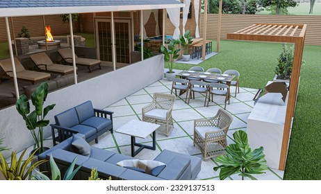 3d design and render of  a backyard with hot tub, BBQ area, seating area, deck and fire pit