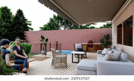 3d design and render of  a backyard with hot tub, BBQ area, seating area, deck and fire pit