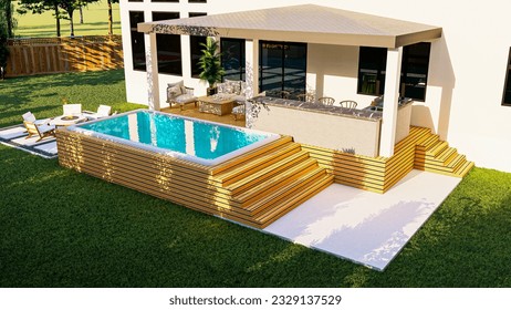 3d design and render of  a backyard with hot tub, BBQ area, seating area, deck and fire pit