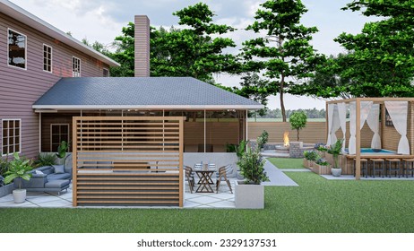 3d design and render of  a backyard with hot tub, BBQ area, seating area, deck and fire pit