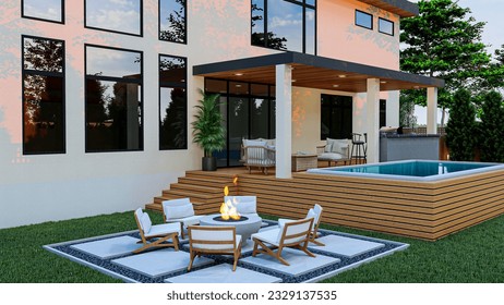 3d design and render of  a backyard with hot tub, BBQ area, seating area, deck and fire pit