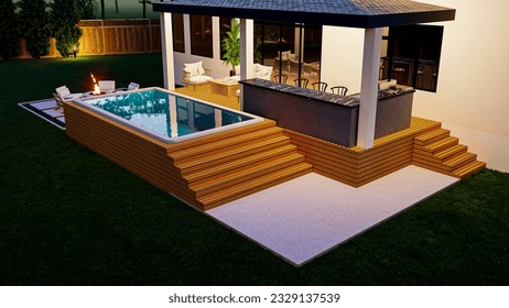 3d design and render of  a backyard with hot tub, BBQ area, seating area, deck and fire pit