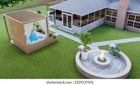 3d design and render of  a backyard with hot tub, BBQ area, seating area, deck and fire pit
