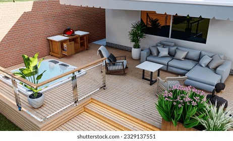 3d design and render of  a backyard with hot tub, BBQ area, seating area, deck and fire pit