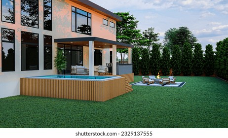 3d design and render of  a backyard with hot tub, BBQ area, seating area, deck and fire pit