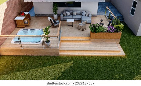 3d design and render of  a backyard with hot tub, BBQ area, seating area, deck and fire pit