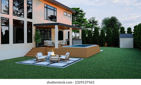 3d design and render of  a backyard with hot tub, BBQ area, seating area, deck and fire pit