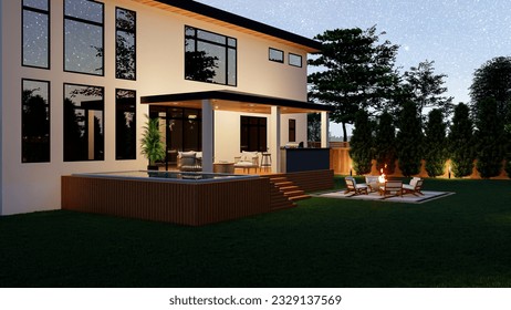 3d design and render of  a backyard with hot tub, BBQ area, seating area, deck and fire pit