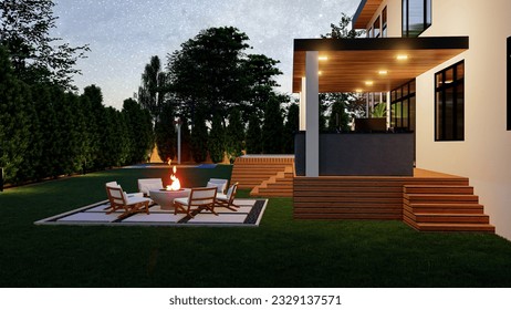 3d design and render of  a backyard with hot tub, BBQ area, seating area, deck and fire pit