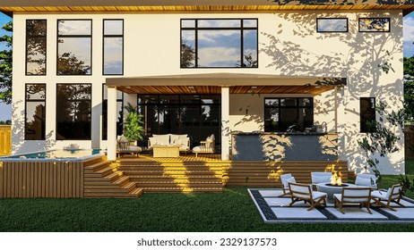 3d design and render of  a backyard with hot tub, BBQ area, seating area, deck and fire pit