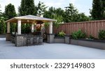 3d design and render of a backyard patio, Outdoor kitchen, BBQ area, fire pit area, gazebo 