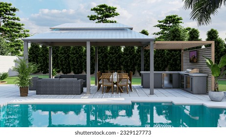 3d design and render of a backyard with a swimming pool, fire pit, BBQ area and seating area 