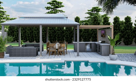 3d design and render of a backyard with a swimming pool, fire pit, BBQ area and seating area 