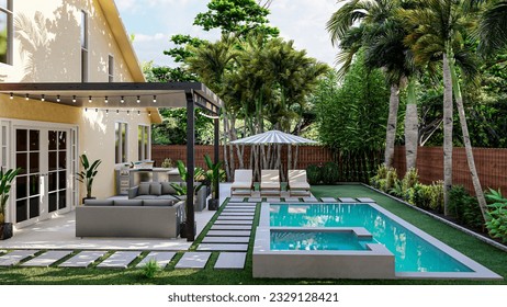 3d design and render of a backyard with a swimming pool, fire pit, BBQ area and seating area 