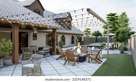 3D design and rendering of a backyard patio with outdoor kitchen, seating area, BBQ area, fire pit a