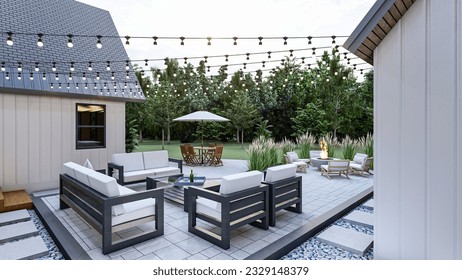3D design and rendering of a backyard patio with outdoor kitchen, seating area, BBQ area, fire pit a