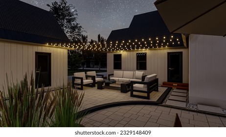 3D design and rendering of a backyard patio with outdoor kitchen, seating area, BBQ area, fire pit a