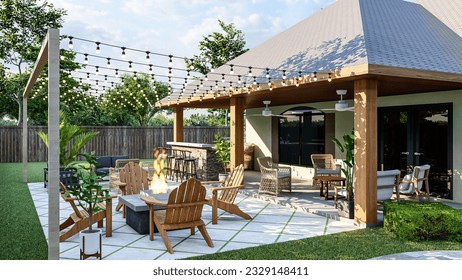 3D design and rendering of a backyard patio with outdoor kitchen, seating area, BBQ area, fire pit a