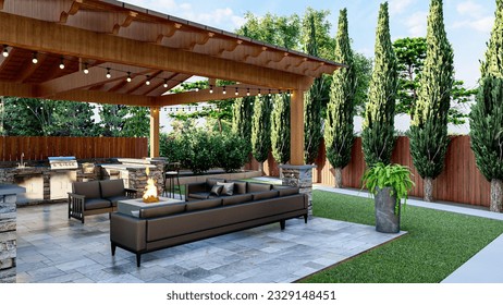 3D design and rendering of a backyard patio with outdoor kitchen, seating area, BBQ area, fire pit a