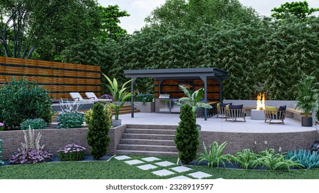 3d design and rendering of concrete deck with pergola, bbq area , fire pit area and hot tub area