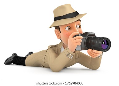 3d detective lying down with camera, illustration with isolated white background