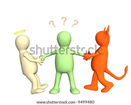 3d devil and angel pulling person for hands