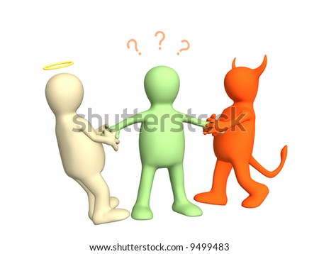 3d devil and angel pulling person for hands