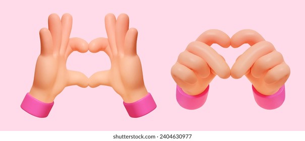 3D different types of love shape hand gestures isolated on light pink background