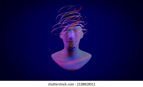 3d digital abstract human face on a dark background. Futuristic face cut into colored slices. Metaverse, artificial intelligence Ai concept.